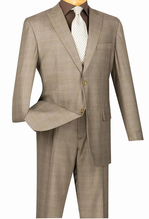 Pompey Collection - Men's Glen Plaid Dress Suit 2 Piece Regular Fit In Tan 1 Pompey Collection - Men's Glen Plaid Dress Suit 2 Piece Regular Fit In Tan