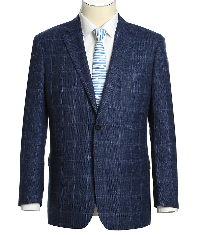 Wool And Silk Regular Fit Blazer Windowpane Pattern In Navy 1 Wool And Silk Regular Fit Blazer Windowpane Pattern In Navy