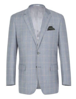 100% Wool Windowpane Pattern Regular Fit 2 Button Blazer In Stone Blue