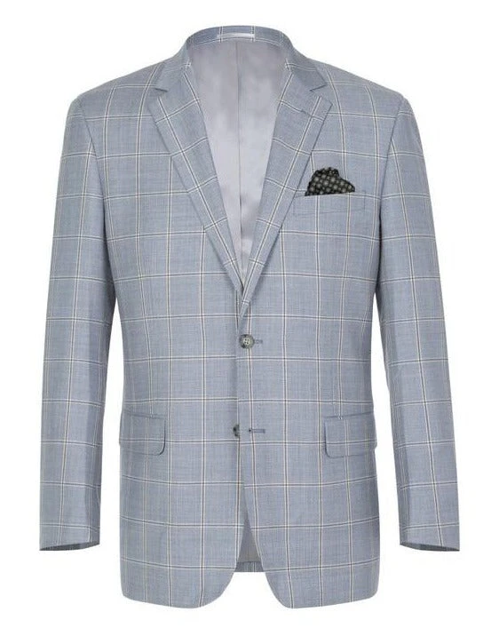 100% Wool Windowpane Pattern Regular Fit 2 Button Blazer In Stone Blue 1 100% Wool Windowpane Pattern Regular Fit 2 Button Blazer In Stone Blue