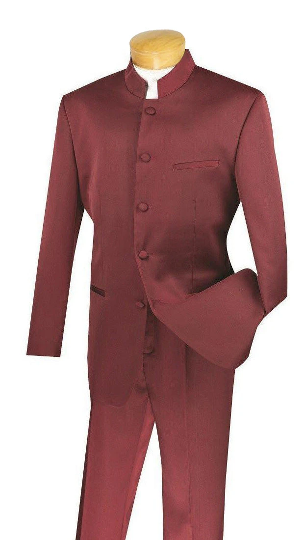 Master Collection - Regular Fit Men's 2 Piece Banded Collar Tuxedo Burgundy 1 Master Collection - Regular Fit Men's 2 Piece Banded Collar Tuxedo Burgundy