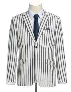 Black Striped Linen Blend Slim Fit 2 Button Blazer