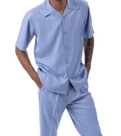 Men's 2 Piece Walking Suit Summer Short Sleeves In Carolina Blue