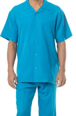 Men's 2 Piece Walking Suit Summer Short Sleeves In Teal