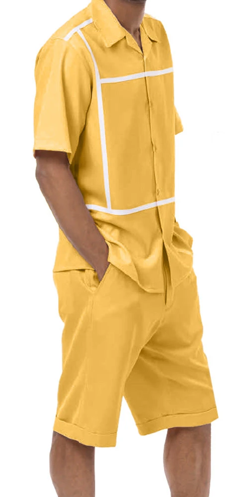 Gold Minimalist Line Design 2 Piece Short Sleeve Walking Suit With Shorts 1 Gold Minimalist Line Design 2 Piece Short Sleeve Walking Suit With Shorts