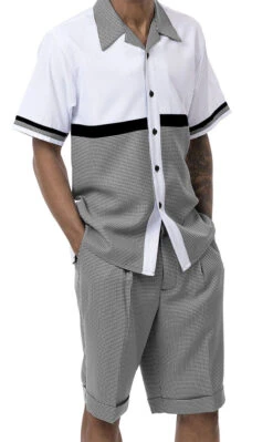 Black 2 Piece Short Sleeve Walking Suit Set Horizontal Color Block With Shorts