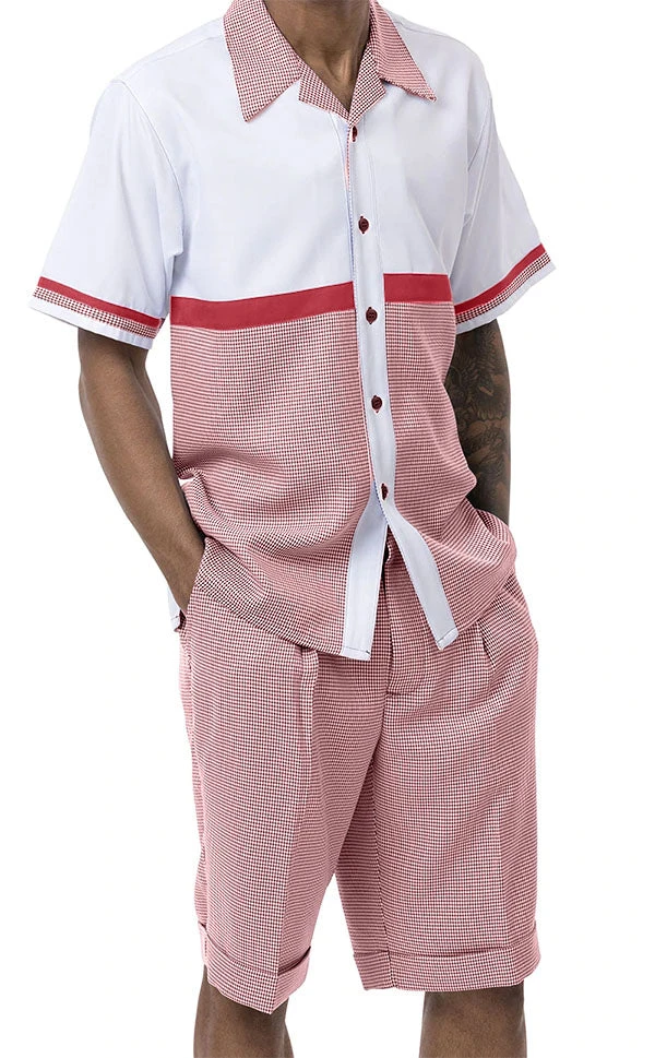 Red 2 Piece Short Sleeve Walking Suit Set Horizontal Color Block With Shorts 1 Red 2 Piece Short Sleeve Walking Suit Set Horizontal Color Block With Shorts