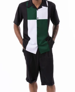 Emerald Green Color Block Walking Suit 2 Piece Short Sleeve Set With Shorts