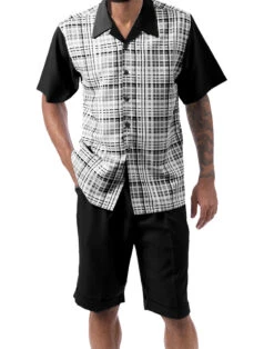 Black Plaid Walking Suit 2 Piece Short Sleeve Set With Shorts