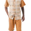 Cognac Plaid Walking Suit 2 Piece Short Sleeve Set With Shorts