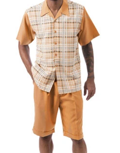 Cognac Plaid Walking Suit 2 Piece Short Sleeve Set With Shorts
