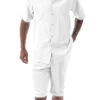 White Tone On Tone Vertical Stripes Walking Suit 2 Piece Short Sleeve Set With Shorts