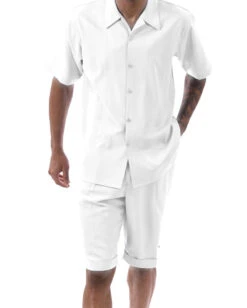 White Tone On Tone Vertical Stripes Walking Suit 2 Piece Short Sleeve Set With Shorts