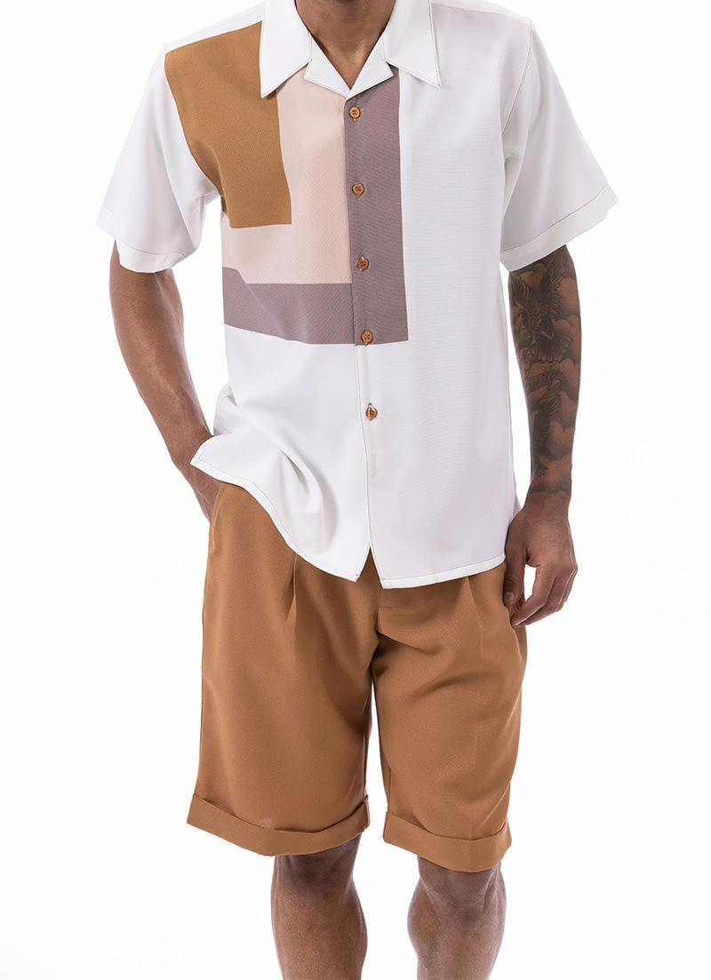 Cognac Geometric Design Walking Suit 2 Piece Short Sleeve Set With Shorts 1 Cognac Geometric Design Walking Suit 2 Piece Short Sleeve Set With Shorts