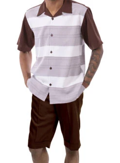 Brown Horizontal Stripes 2 Piece Walking Suit Set With Shorts