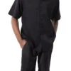 Black Walking Suit Tone On Tone Vertical Stripes 2 Piece Short Sleeve Set With Shorts