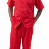Red Walking Suit Tone On Tone Vertical Stripes 2 Piece Short Sleeve Set With Shorts