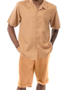 Tan Walking Suit Tone On Tone Vertical Stripes 2 Piece Short Sleeve Set With Shorts