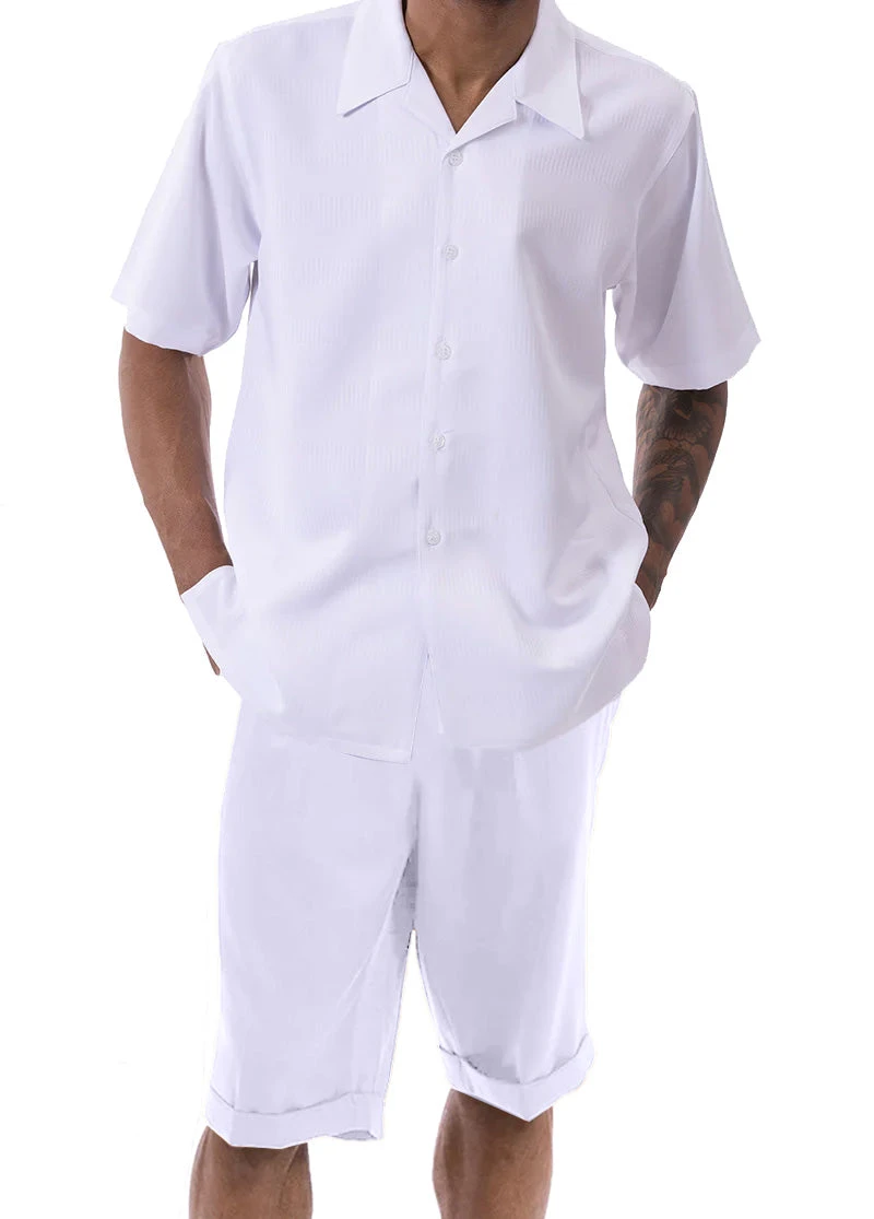 White Walking Suit Tone On Tone Vertical Stripes 2 Piece Short Sleeve Set With Shorts 1 White Walking Suit Tone On Tone Vertical Stripes 2 Piece Short Sleeve Set With Shorts