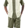 Olive Tone On Tone Stripes Walking Suit 2 Piece Short Sleeve Set With Shorts