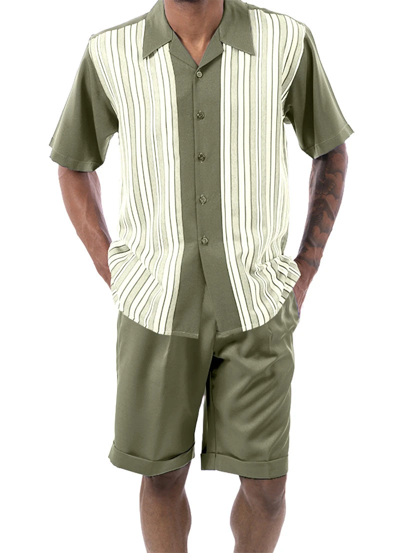 Olive Tone On Tone Stripes Walking Suit 2 Piece Short Sleeve Set With Shorts 1 Olive Tone On Tone Stripes Walking Suit 2 Piece Short Sleeve Set With Shorts