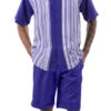 Purple Tone On Tone Stripes Walking Suit 2 Piece Short Sleeve Set With Shorts