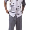 Gray Line Pattern Walking Suit 2 Piece Short Sleeve Set With Shorts