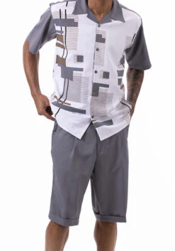 Gray Line Pattern Walking Suit 2 Piece Short Sleeve Set With Shorts