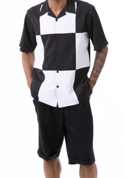 Black Color Block Walking Suit 2 Piece Short Sleeve Set With Shorts