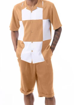 Cognac Color Block Walking Suit 2 Piece Short Sleeve Set With Shorts
