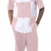 Pink Color Block Walking Suit 2 Piece Short Sleeve Set With Shorts