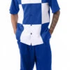 Cobalt Blue Color Block Walking Suit 2 Piece Short Sleeve Set With Shorts