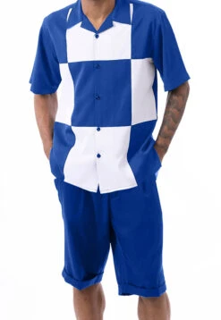 Cobalt Blue Color Block Walking Suit 2 Piece Short Sleeve Set With Shorts