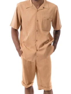 Tan Tone On Tone Striped Walking Suit 2 Piece Short Sleeve Set With Shorts