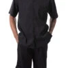 Black Tone On Tone Striped Walking Suit 2 Piece Short Sleeve Set With Shorts