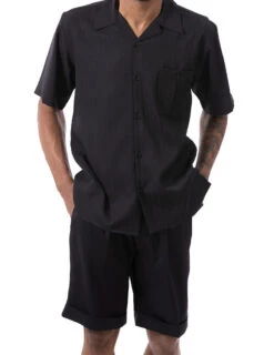 Black Tone On Tone Striped Walking Suit 2 Piece Short Sleeve Set With Shorts