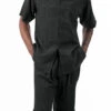Black Tone On Tone Windowpane Walking Suit 2 Piece Short Sleeve Set With Shorts