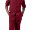 Burgundy Tone On Tone Windowpane Walking Suit 2 Piece Short Sleeve Set With Shorts