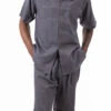 Gray Tone On Tone Windowpane Walking Suit 2 Piece Short Sleeve Set With Shorts