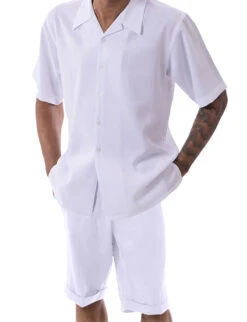 White Tone On Tone Windowpane Walking Suit 2 Piece Short Sleeve Set With Shorts