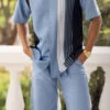 Carolina Blue Vertical Stripe Walking Suit 2 Piece Set Short Sleeve Shirt With Shorts