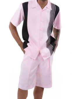 Pink Vertical Stripe Walking Suit 2 Piece Set Short Sleeve Shirt With Shorts