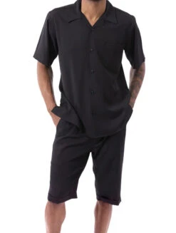 Black 2 Piece Short Sleeve Walking Suit Set With Elastic Waistband Shorts