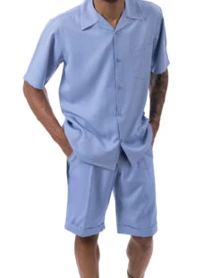 Carolina Blue 2 Piece Short Sleeve Walking Suit Set With Elastic Waistband Shorts