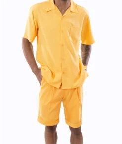 Gold 2 Piece Short Sleeve Walking Suit Set With Elastic Waistband Shorts