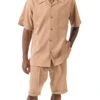 Tan 2 Piece Short Sleeve Walking Suit Set With Elastic Waistband Shorts