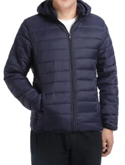 Men's Quilted Puffer Jacket With Detachable Hood In Navy