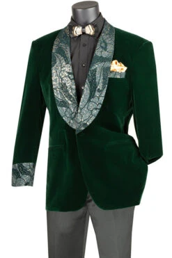 Emerald Green Regular Fit Velvet Jacket With Wide Shawl Lapel And Cuffs