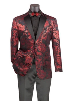 Red Modern Fit Velvet Jacket Metallic Design