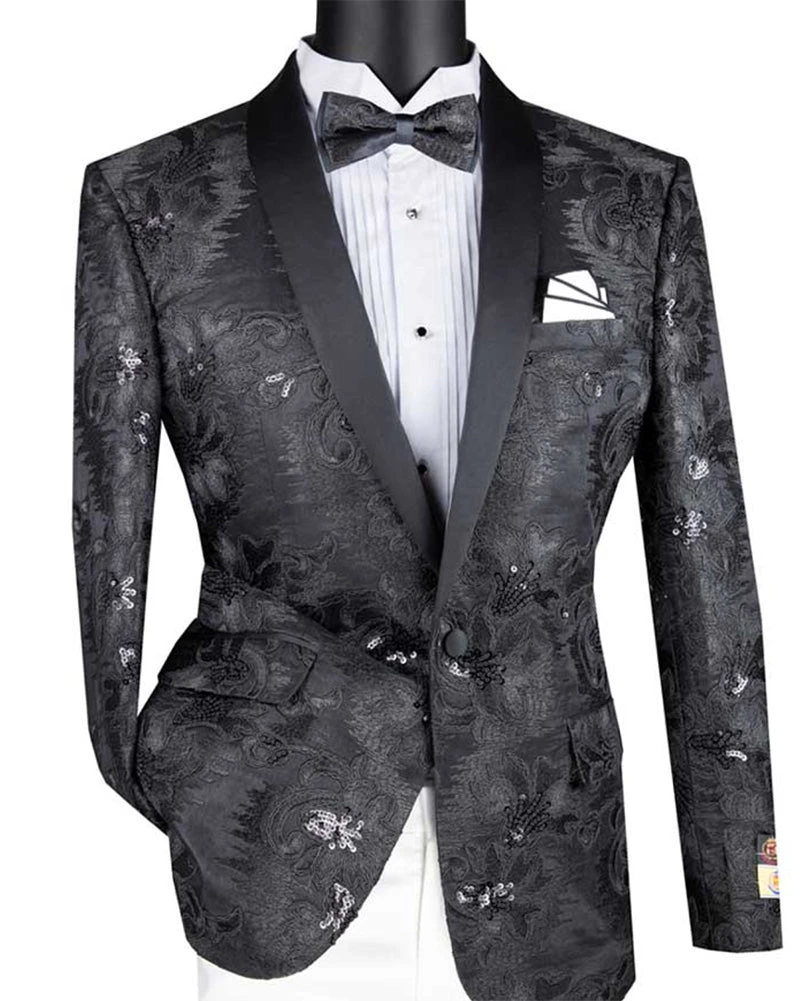 Black Embroidery Slim Fit Jacket Shawl Lapel With Bow Tie 1 Black Embroidery Slim Fit Jacket Shawl Lapel With Bow Tie
